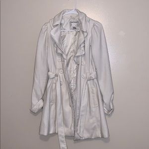 White pea coat with ruffle detail